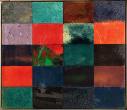 Fahar Al-Salih, Mosaik, Schwämme und Harz, rottöne, rechteckig, querformat.Kunst mieten.