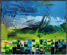 Ölmalerei von Fahar Al-Salih, grüne und blaue Farben, Bild ist rechteckig, Kunst kaufen