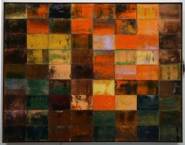 Fotografie einer Malerei, Mosaik. Die Hauptfarbe ist orange-braun. Das Kunstwerk ist rechteckig. Kunst mieten, Kunst als Leihgabe.
