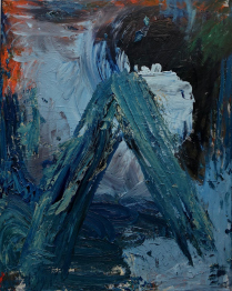 Foto einer Malerei, Öl auf Leinwand, Hauptfarbe blau. Das Kunstwerk ist rechteckig. Kunst kaufen.