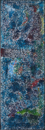 Foto einer Malerei: Industrieschwamm mit Acrylfarbe, hauptsächlich blau bemalt. Kunst kaufen. Kunst mieten.